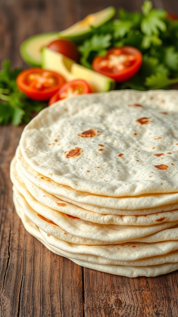 Authentic Flour Tortillas Recipe by Patti Jinich A stack of warm, soft flour tortillas on a wooden table, surrounded by fresh ingredients for tacos.